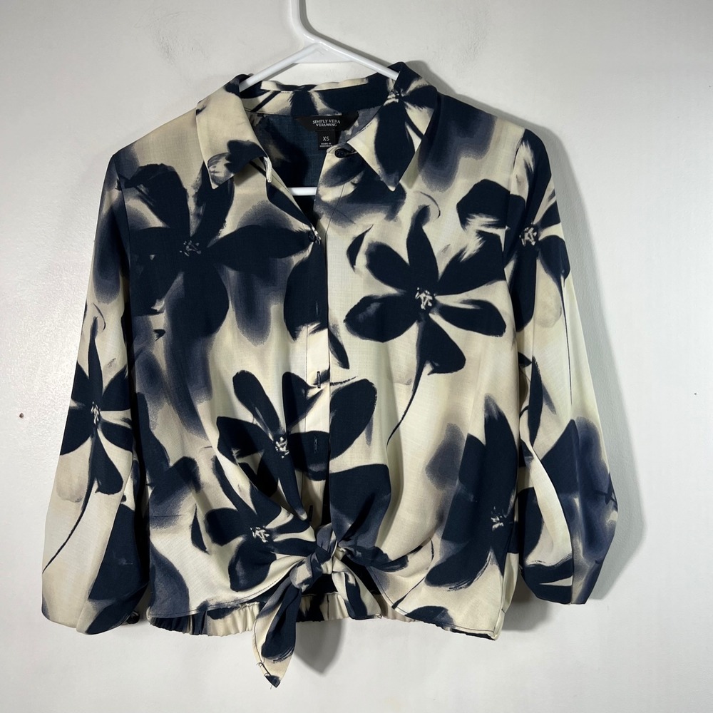 Simply Vera Vera Wang Floral Tie Front Shirt XS Navy Cream